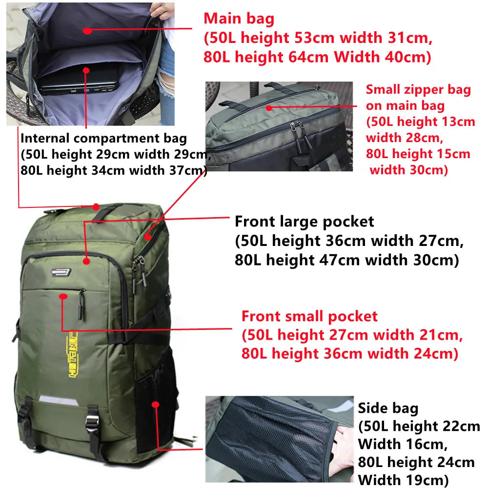 80L 50L Outdoor Camping Hiking & Climbing Backpack  For Male Female Women